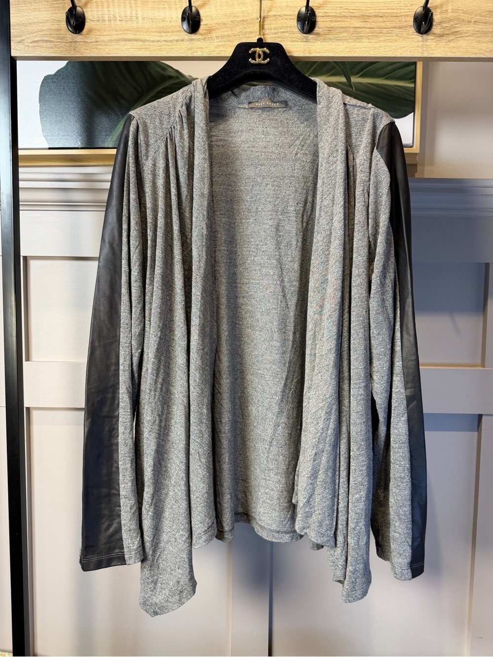 Grey Draped Cardigan with Black Faux Leather Sleeves XL